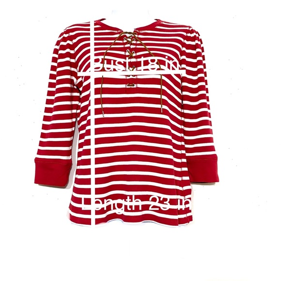 Lauren Ralph Lauren RED stripe 3/4 sleeve lace up front top waffle fabric size M - Picture 3 of 12